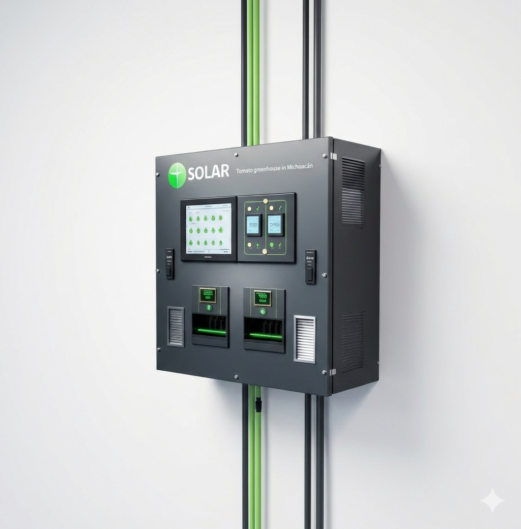 The Solar Console — Render del sistema de control instalado en invernadero